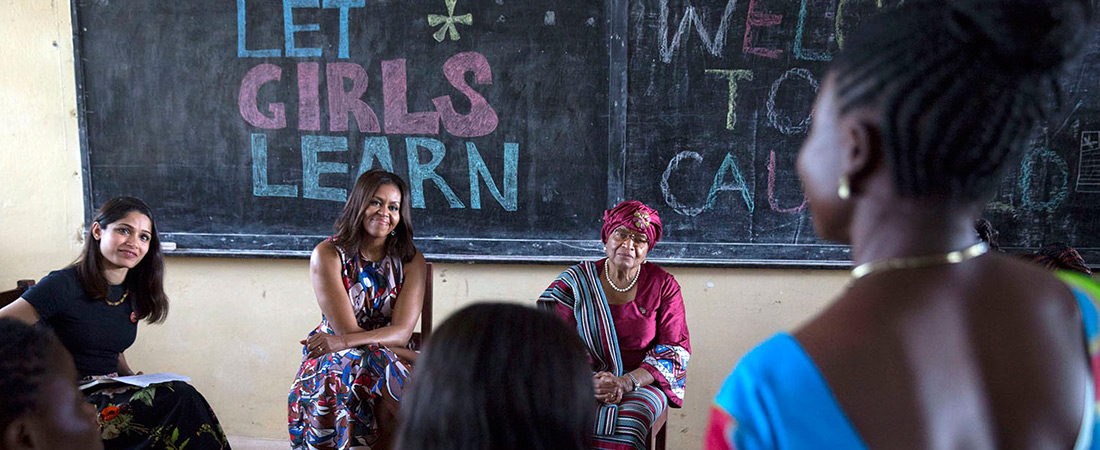 First Lady Michelle Obama hears from Rebecca Flomo, a learner in the USAID Advancing Youth Program in Liberia. Mrs. Obama’s visit was part of the Let Girls Learn initiative.