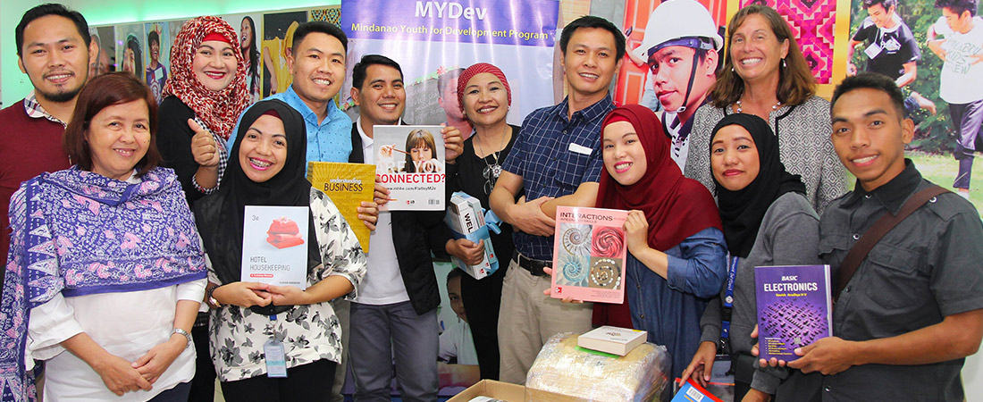 A photo of book donations in Marawi City, Philippines.