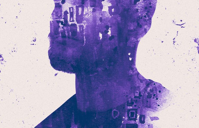 An abstract collages of a man's profile with painted purple color tones