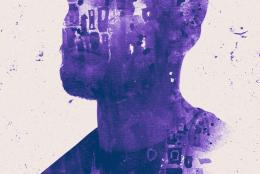 An abstract collages of a man's profile with painted purple color tones